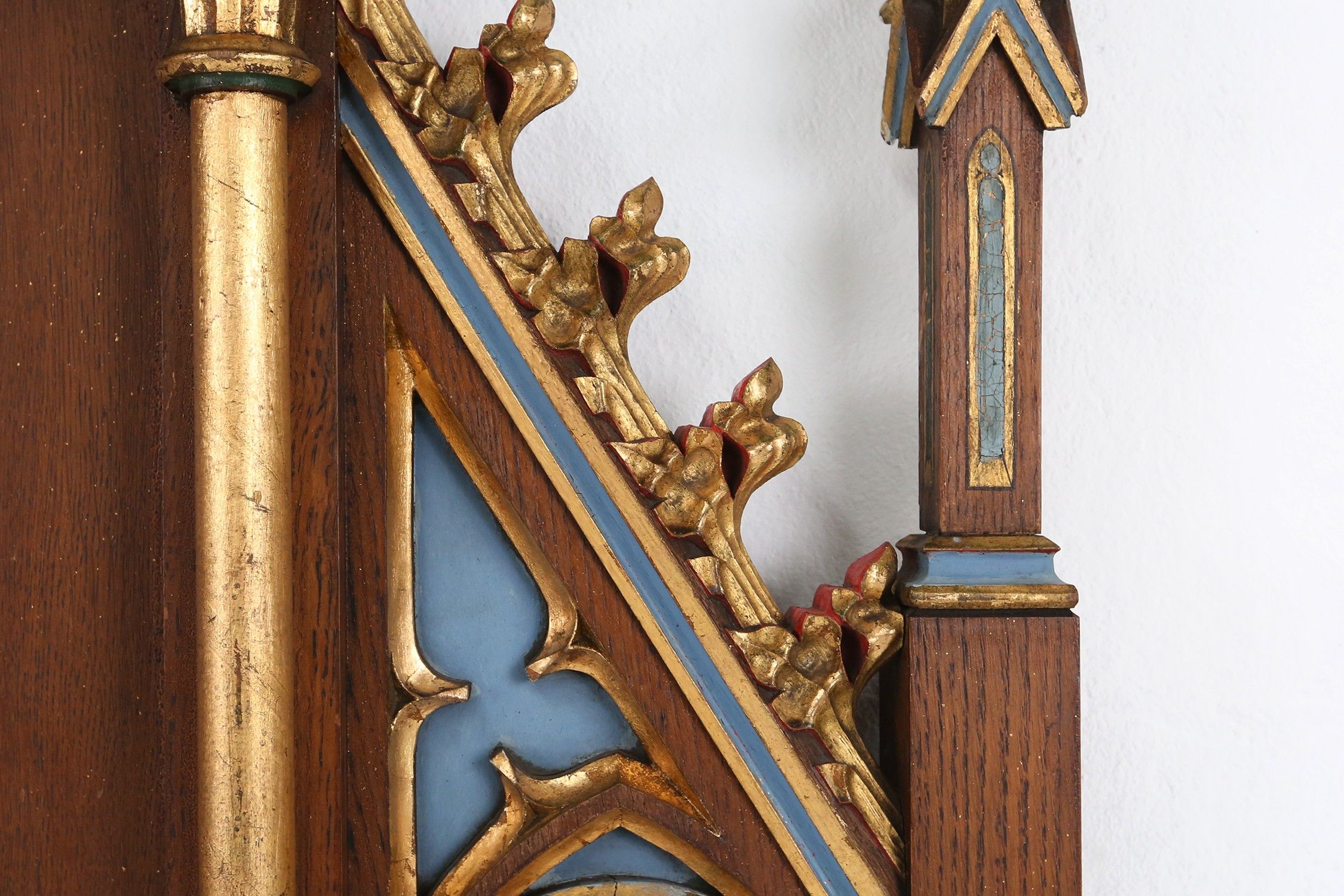 A French polychrome and gilt wooden neo-Gothic church steeple with niche for saint statue, ca. 1800thumbnail